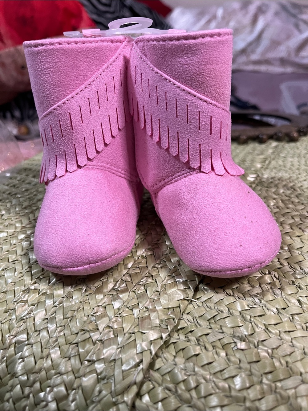 Pink Fringe Baby Footie Boots - Soft Suede Style